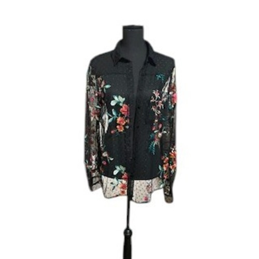 Umgee Floral Embroidered Sheer Button Up Blouse Long Sleeve Top Black L